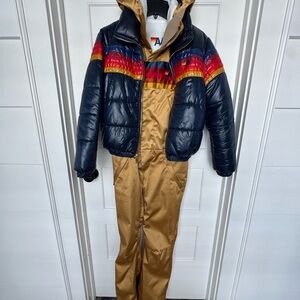 Aviator Nation Colorful Striped Puffer Jacket and Gold Ski Suit